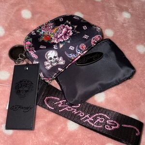 Ed Hardy Black & Pink Floral Skull Wristlet Keychain NWT
